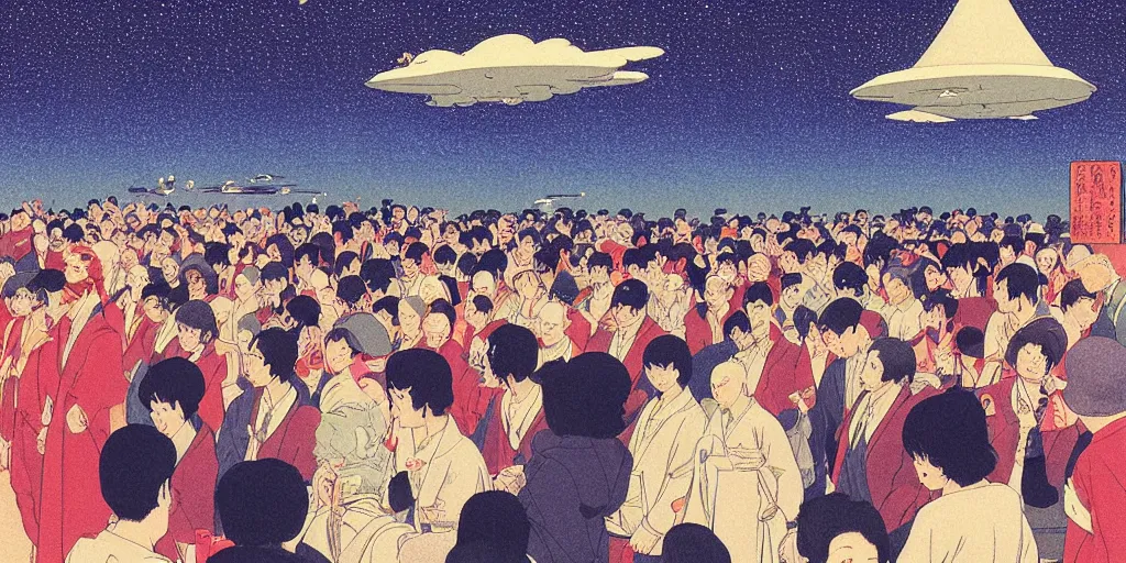 Prompt: a crowd of people looking up at spaceships flying through the sky, risograph by kawase hasui, edward hopper, satoshi kon and moebius, no text!, colorful flat surreal design, super - detailed, a lot of tiny details, fullshot