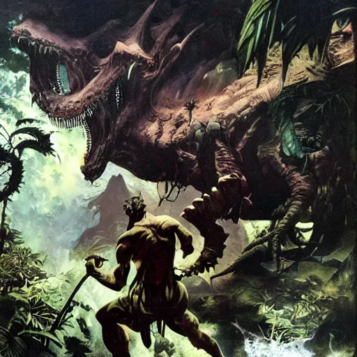 Image similar to an adventurer descends to the hollow earth, action shot, tropical forest, dinosaurs, intense lighting, painting by Frank Frazetta