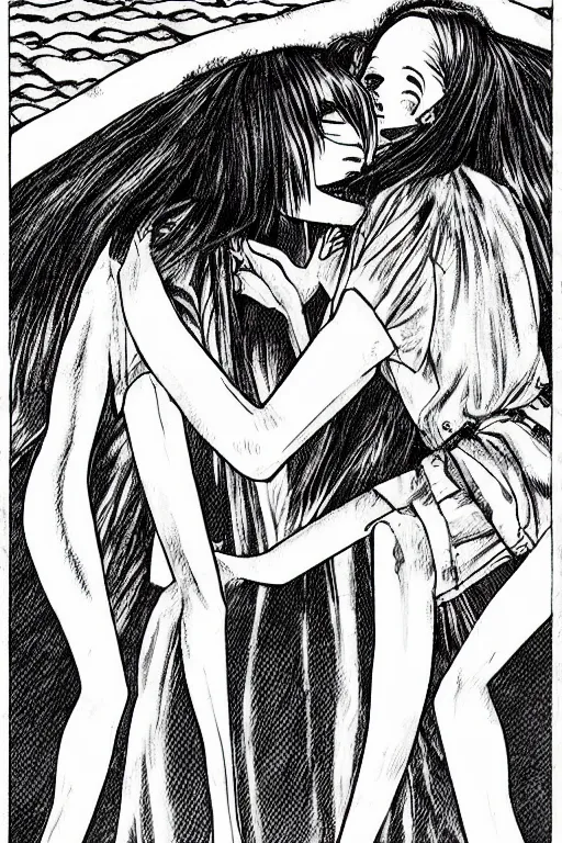 Prompt: two monstrous women creatures kissing each other by Junji Ito, horror manga art, key visual