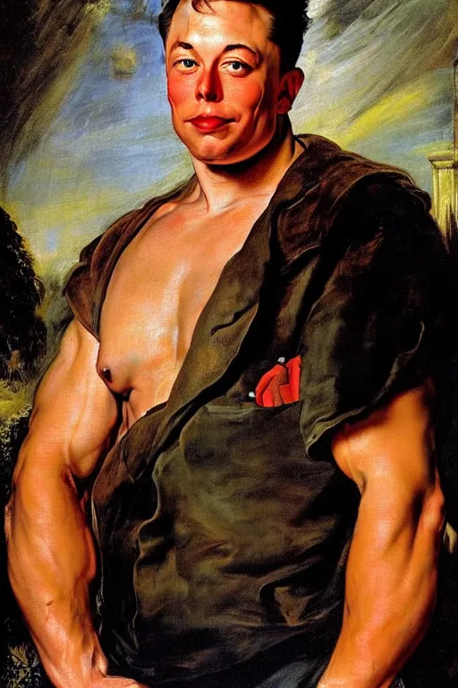 Image similar to portrait of a young muscular Elon Musk by peter Paul rubens and Norman Rockwell, big beefy chunky strong build