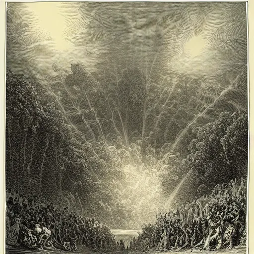 Image similar to the earthly paradise, gustave dore engraving