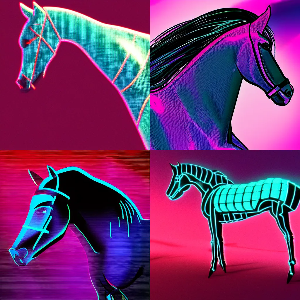 Prompt: A synthwave horse profile inspired by Tron. Trending on artstation. Digital screenshot. Faded film grain. 1980's computer graphics.