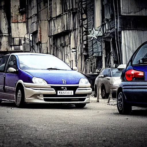 Image similar to cheap Peugeot 206 in a traffic jam in a France cyberpunk slum city called Neo Norilsk on the Moon, at night, diverse, lively, black sky full of stars, blinding sun, sci-fi, lots of flying cars, levitation, cyberpunk outfits, photorealistic, grainy, 35mm, intricate, very very beautiful, elegant, smooth, cinematic, Unreal Engine 5, by Beeple, trending on Artstation HD