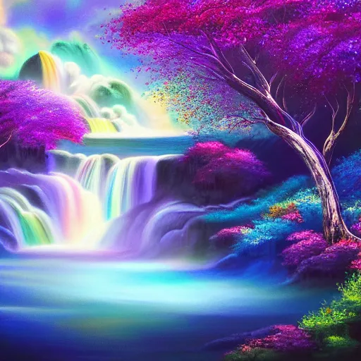 Prompt: mystical sparkling landscape with luminescent indigo and cyan trees and terraced waterfalls detailed airbrushed painting 4 k