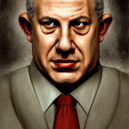 Prompt: portrait of benjamin netanyahu as the psycho killer, highly detailed, horror lighting, evil, by hugh kretschmer and norman rockwell