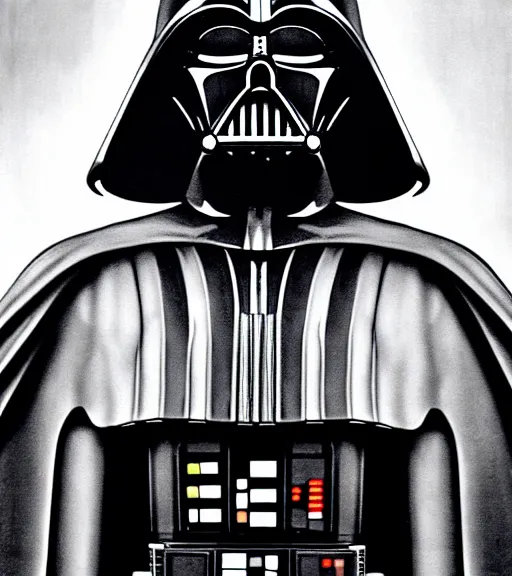 Image similar to black-and-white portrait of Darth Vader by H. R. Giger; realistic-lighting