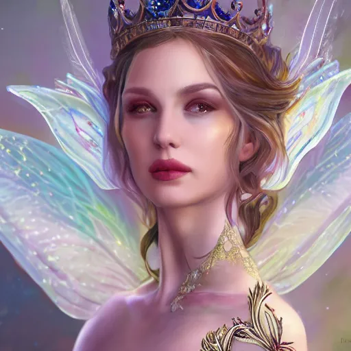 Image similar to detailed portrait of a fairy queen with wings wearing a silk robe, crown, pixie, iris, realism, emerald, galaxy, sapphire,blonde hair going down to the floor, moonlit, dark fantasy, dramatic lighting, cgsociety, artstation