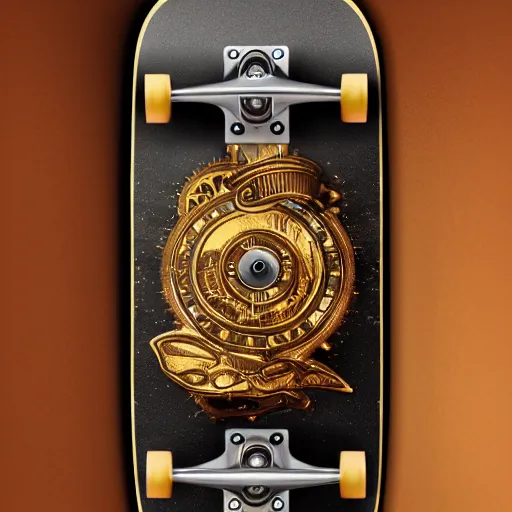 Prompt: steampunk skateboard gold black and rose, shiny golden, studio light, 4 k, highly detailed, black background, light on top