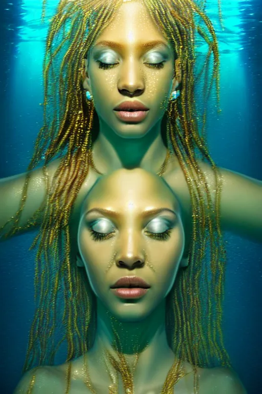 Image similar to hyperrealistic futurist full body cinematic very expressive! translucent oshun goddess underwater scene, gold jewerly, highly detailed face, digital art masterpiece, smooth eric zener cam de leon, dramatic pearlescent turquoise light on one side, low angle uhd 8 k, shallow depth of field