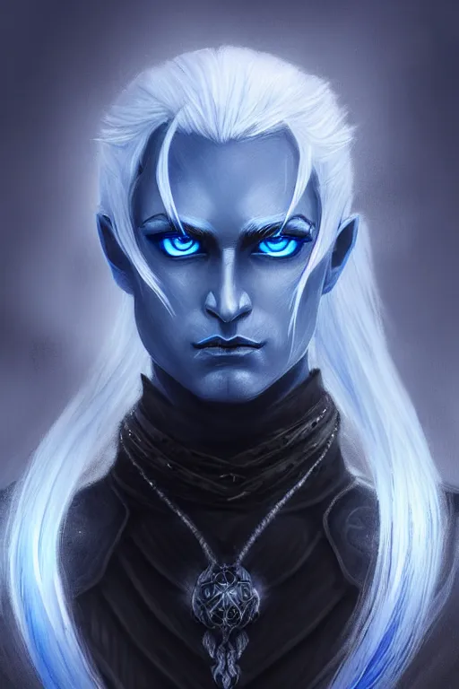 Image similar to male drow with white hair in a pony tail and a goatee and glowing blue eyes wearing black leather armor, fantasy, intricate, elegant, highly detailed, digital painting, artstation, concept art, matte, sharp focus, illustration, art by aenaluck, epic fantasy, moody, dark mood, digital painting