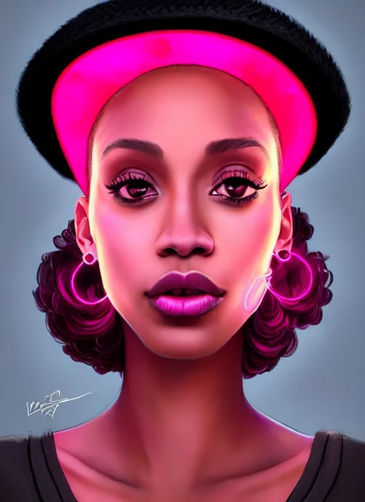 Image similar to portrait of young vanessa morgan with bright pink hair, black girl, vanessa morgan, curly pixie cut hair, wearing newsboy cap, newsboy cap, hoop earrings, intricate, elegant, glowing lights, highly detailed, digital painting, artstation, concept art, smooth, sharp focus, illustration, art by wlop, mars ravelo and greg rutkowski