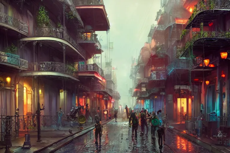 Image similar to a beautiful digital matte painting of futuristic cyberpunk french quarter, new orleans, by eddie mendoza and david lozeau and raphael lacoste, 8 k, detailed, artstation