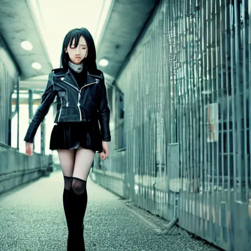 Image similar to a dynamic, epic cinematic 8K HD movie shot of a japanese young J-Pop idol girl wearing leather jacket, miniskirt, nylon tights and high heels boots. Motion, VFX, Inspirational arthouse