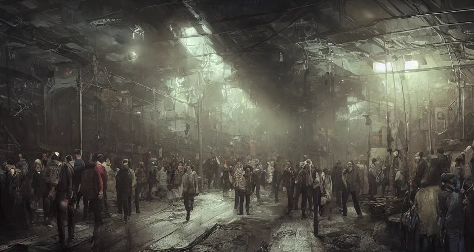 Image similar to cluster phobic market in an underground dystopian subway by eugene von guerard, ivan shishkin, dramatic lighting, concept art, trending on artstation