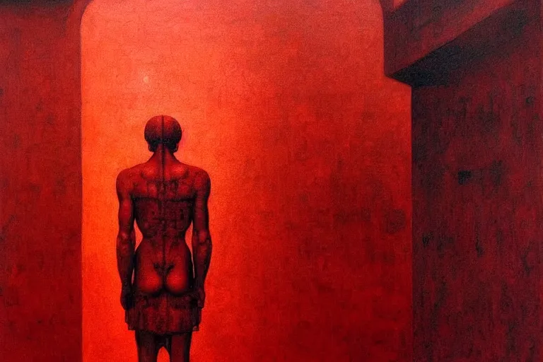 Image similar to only with red, caesar after war, a red tiger, in hoc signo vinces, rome in background, an ancient path, in the style of beksinski, part by hopper, part by rodcenko, part by hofbauer, intricate composition, red by caravaggio, insanely quality, highly detailed, masterpiece, red light, artstation