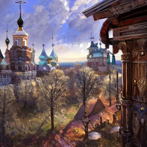 Prompt: photo beautiful magical ancient Slavic Russian city of Kitezh, fisheye lens, painting by Viktor Vasnetsov, concept art, magical city, fantasy cityscape, ancient Slavs, wooden buildings, ancient Russian architecture, terem, hyperborea, top cinematic lighting , cinematic mood, very detailed, 8k, high resolution, trending on artstation, painting by Nicholas Roerich, artstationHD,