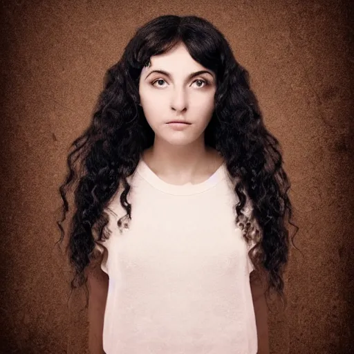 Prompt: portrait of a young lady with curly black hair with, round face, big brown eyes, volumetric lighting,