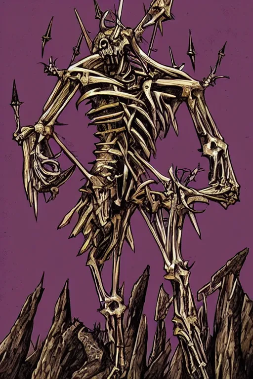 Image similar to Poster Illustration by Jeremy Jarvis of a skeletal abomination with barbed spikes. It's of royal lineage no doubt. More than anything, it wants to praise its obscure god through combat, constructing idols from the slain.