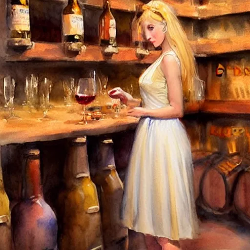 Image similar to beautiful blonde in hot dress in a wine cellar, food, pork, beer, schnapps, rustic, traditional, torches on the wall, watercolor by vladimir volegov, highly detailed, masterpiece, distance