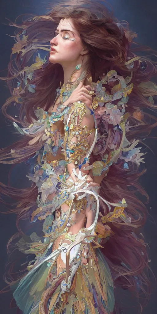 Image similar to portrait of freedom, ethereal, expressive pose, acrobatic, rainbow eyes, ornate frilly dress, fantasy, intricate, elegant, highly detailed, digital painting, artstation, concept art, smooth, sharp focus, illustration, art by artgerm and greg rutkowski and alphonse mucha