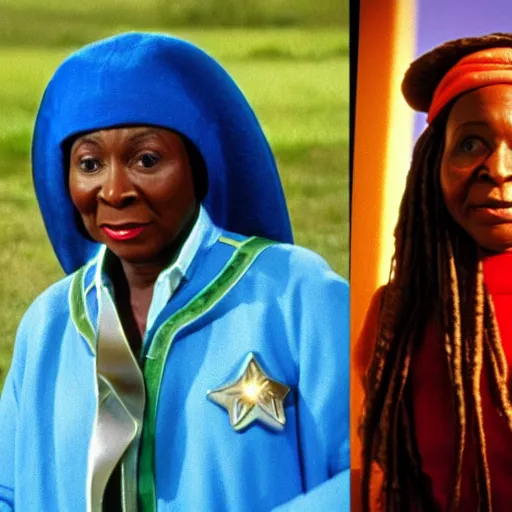 Prompt: guinan from star trek wearing random frisbees and hoops on her head