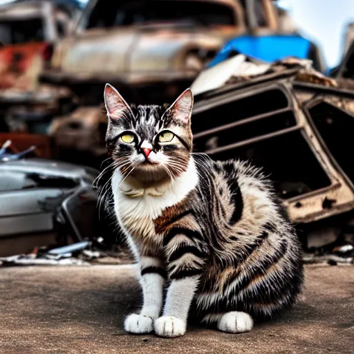 Image similar to donald rumsfeld junk yard cat, photo, detailed, 4 k