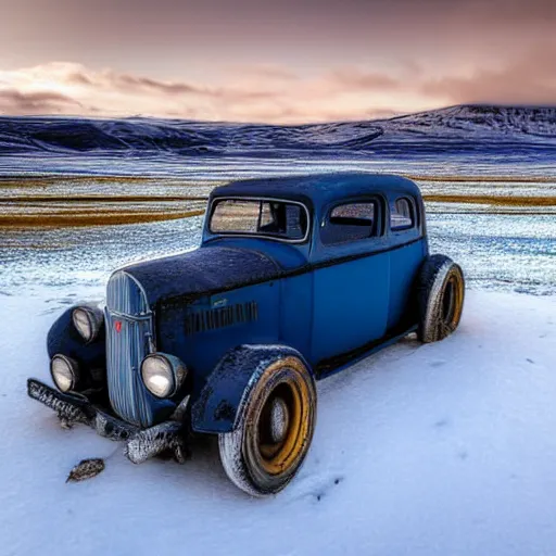 Prompt: a stunning wide angle HDR photograph of a blue vintage car in a field in Iceland, snowy mountain backdrop, shot from low angle