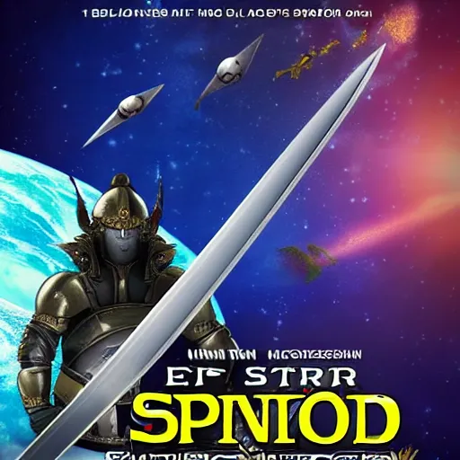 Prompt: epic sword and planet movie poster
