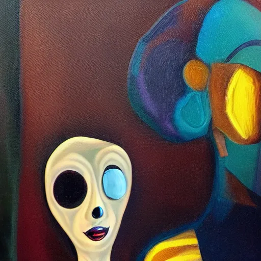 Image similar to a creepy mannequin in the style of Courage the Cowardly Dog, oil on canvas,