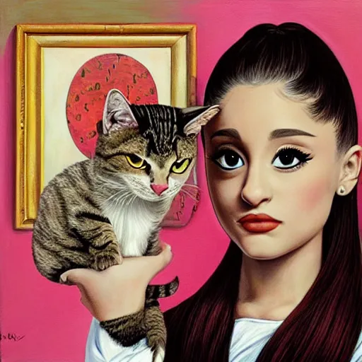 Image similar to ariana grande holding an extremely annoyed, hissing cat, lowbrow painting by mark ryden