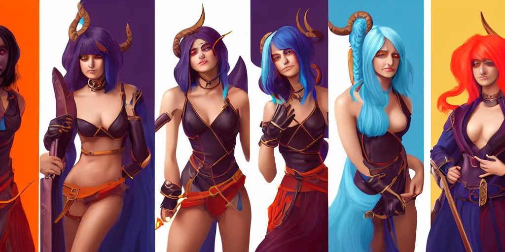 Prompt: triptych of youthful female feminine tiefling female bard with long bob cut blue hairstyle, her skin is tangerine, she has immaculate skin and pure black eyes and is wearing colorful leather armor by rossdraws,