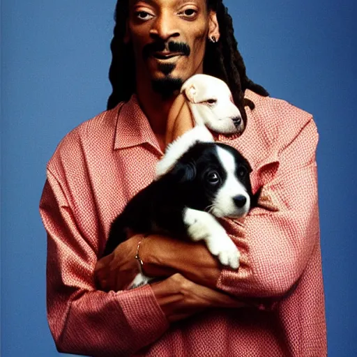 Image similar to Snoop Dogg holding a puppy for a 1990s sitcom tv show, Studio Photograph, portrait, C 12.0