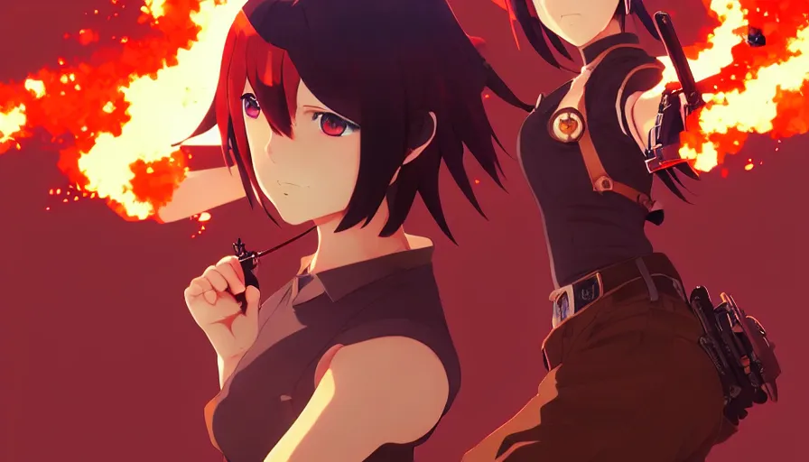 Image similar to makoto shinkai, artgerm, ilya kuvshinov, steampunk beautiful anime woman, red shirt brown pants, black and red hair hair, symmetrical face, symmetrical eyes, second anime woman with orange hair and black pants, action scene, shooting fire war, detailed, summer setting, cinematic lighting