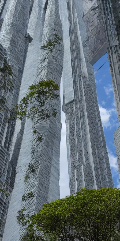 Prompt: tall and slender concrete towers emerge out of the ground. Moss and ferns grow from heavily eroded crevices in the towers. The towers are clustered very close together and stand straight and tall. The office towers have 100 floors and many glass windows. Flat elevational perspective.