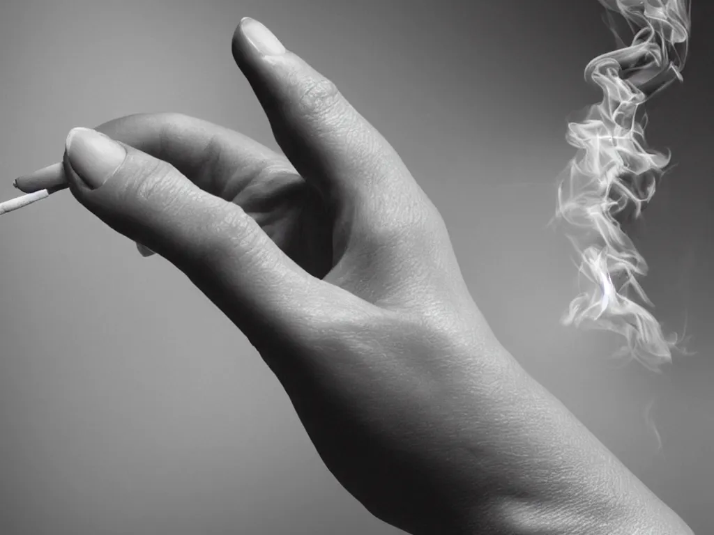 Image similar to Close-up view of hyperrealistic thin soft hand holding cigarette with smoke, by George Marks, hyper realism, 4K