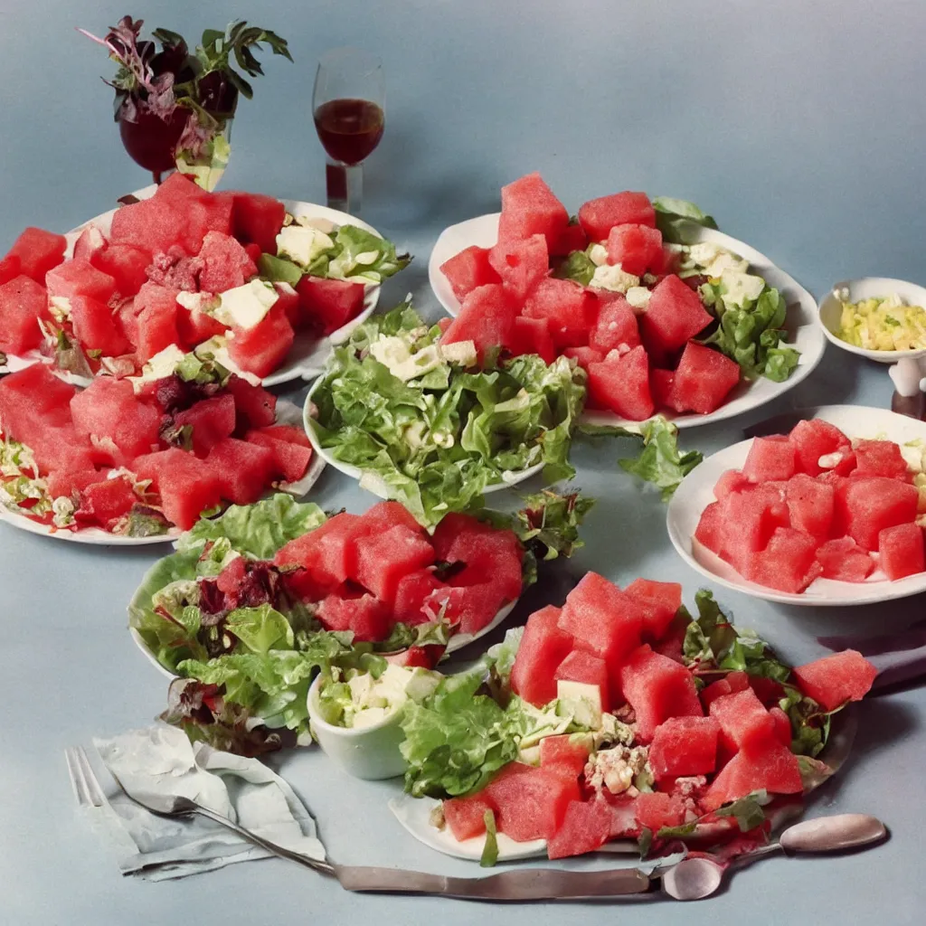 Prompt: a dreamy photo of beef salad and watermelon and cheese sculpture, 1976