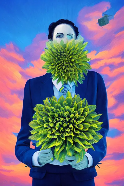 Image similar to closeup giant dahlia flower head, girl in a suit, street, surreal photography, blue sky, sunrise, dramatic light, impressionist painting, digital painting, artstation, simon stalenhag