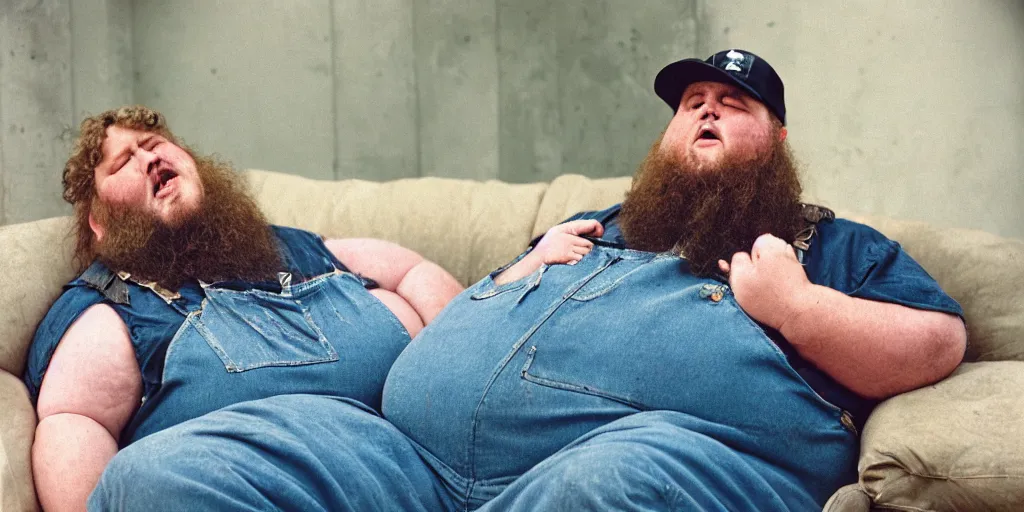 Prompt: extremely obese redneck white male with long beard, wearing dirty overalls, dirty greasy face, angry frown, reclining on a sofa, kodak gold 2 0 0, 5 0 mm