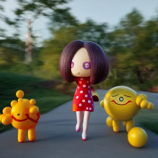 Image similar to yayoi kusama being chased by a ballon dog, nendroid, art by wgreg rutkowski. during golden hour. extremely silly.