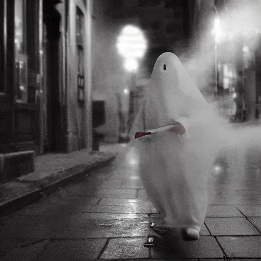 Image similar to ghost under a sheet smoking a cigarette, haunting a NYC sidewalk, trending on artstation, 8k, 4k, volumetric lighting, award-winning, cinematic composition, hd, spooky