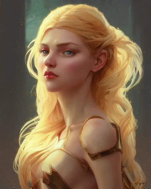 Image similar to '' Portrait of Beautiful blonde Slavic woman in her early 30’s, league of legends, LOL, fantasy, d&d, digital painting, artstation, concept art, sharp focus, illustration, art by greg rutkowski and alphonse mucha ''