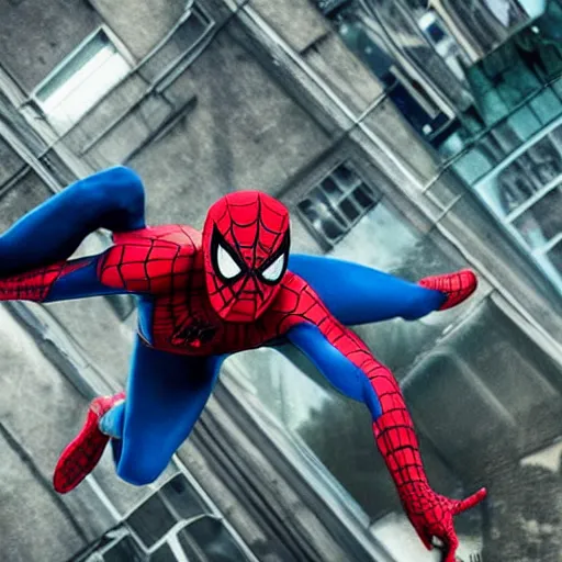 Image similar to spiderman swinging through the city, seen from below, far away, blurry photo, 2 0 1 0