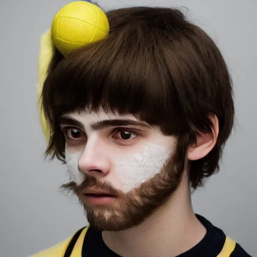 Prompt: The face of a white, black-haired teenager with a half beard on only one side of his face, looking at the camera, under white and yelllow balls, profile picture.