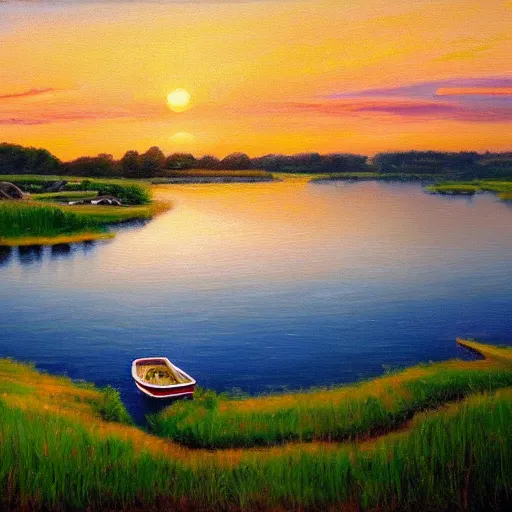 Prompt: a grassy landscape with lakes and boats during dawn, sunset, ultra realistic, ultra detailed, beautiful oil painting, top view, wide angle