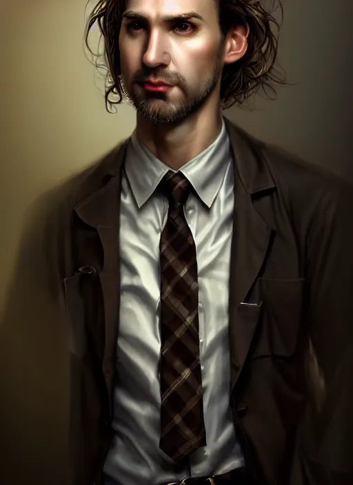 Image similar to male surgeon, brown hair, khakis, plaid shirt, gothic, moody, noir, diffuse lighting, fantasy, intricate, elegant, highly detailed, lifelike, photorealistic, digital painting, artstation, illustration, concept art, smooth, sharp focus, art by John Collier and Albert Aublet and James jean and Brian froud and ross tran and Artem Demura and Alphonse Mucha