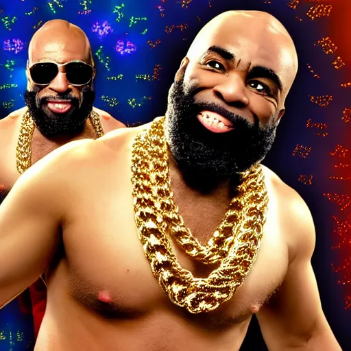 Image similar to a high resolution photograph of joe rogan as mr. t wearing many gold chains with a psychedelic dmt background