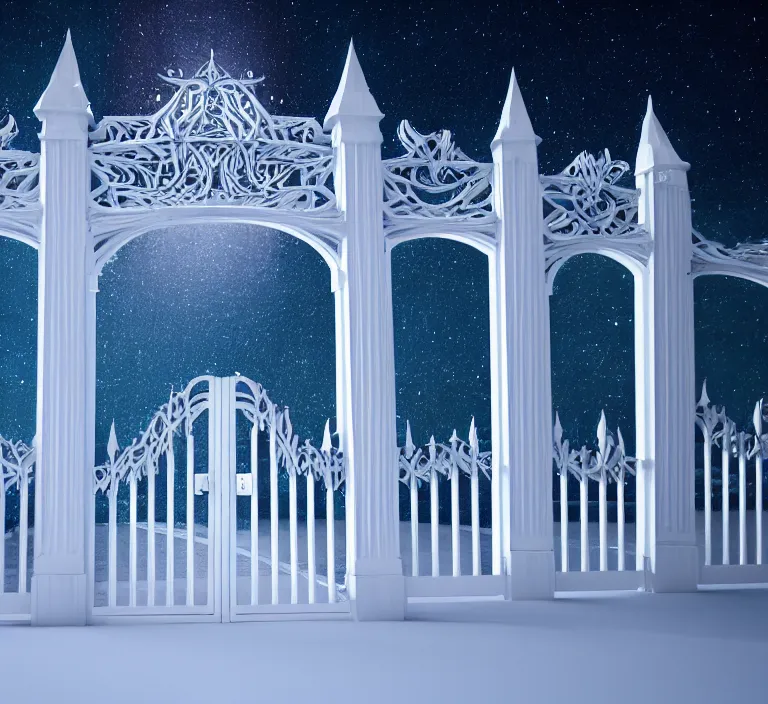 Image similar to a very detailed concept art of intricate and minimalistic white gates to aurora borealis, trending on artstation, symmetry, digital art, 4 k, hyper realistic, octane render, sharp focus