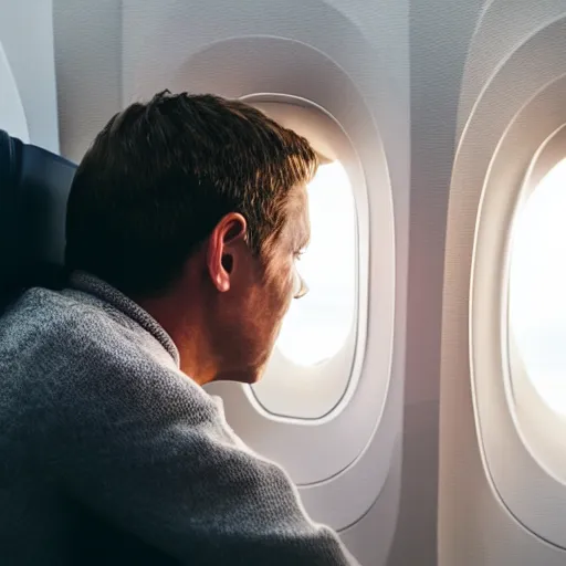 Prompt: man staring out the window of an airplane