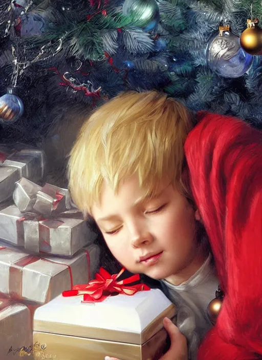 Prompt: four year old boy with short blonde hair, asleep at christmas. surrounded by gifts. high quality detailed face. beautiful painting by artgerm and greg rutkowski and bouguereau