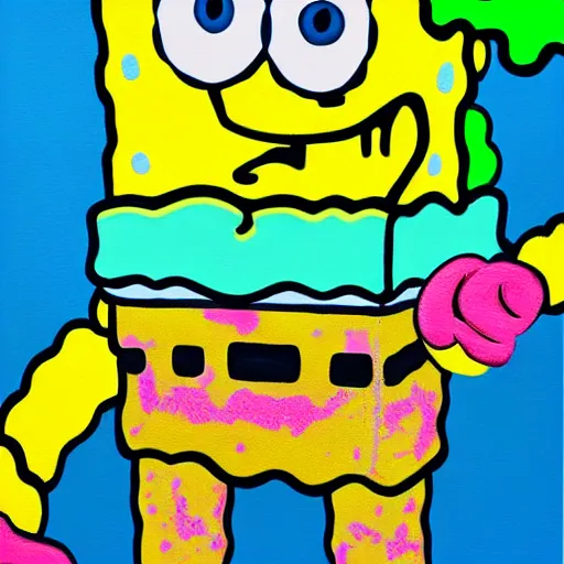 Image similar to an acrylic painting of SpongeBob by KAWS, wild brush strokes, beautiful gradients, mixed media, award winning painter, symmetrical design 8k painted by KAWS